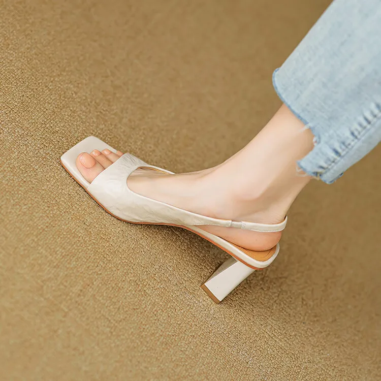 French retro square-toe strappy peep-toe sandals for women, chunky heels, soft leather, open toe, backless high heels for summer.