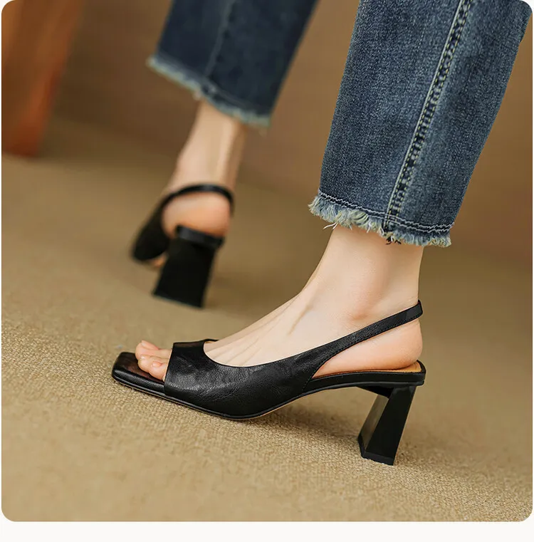 French retro square-toe strappy peep-toe sandals for women, chunky heels, soft leather, open toe, backless high heels for summer.