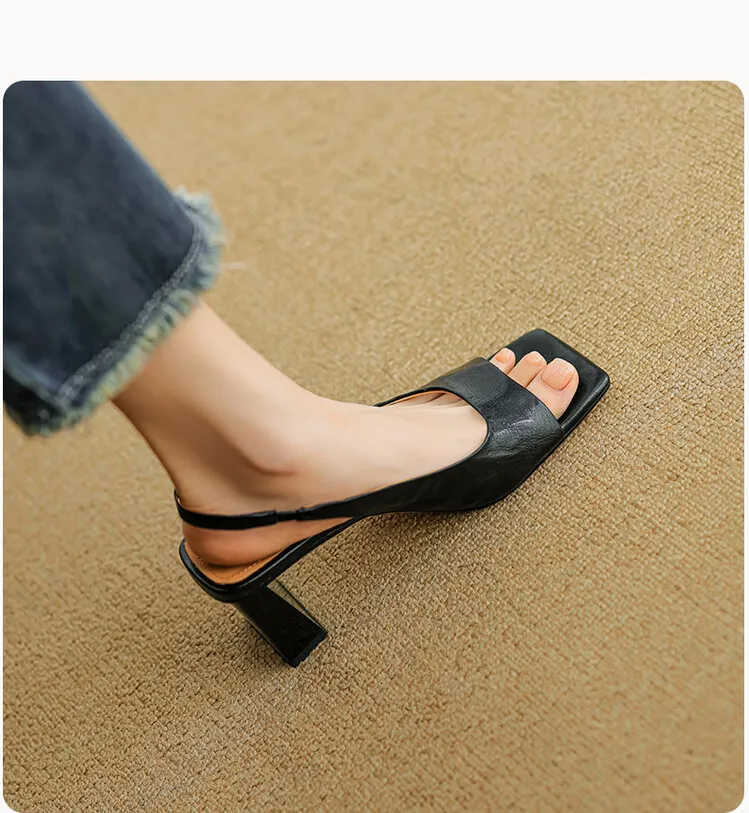 French retro square-toe strappy peep-toe sandals for women, chunky heels, soft leather, open toe, backless high heels for summer.