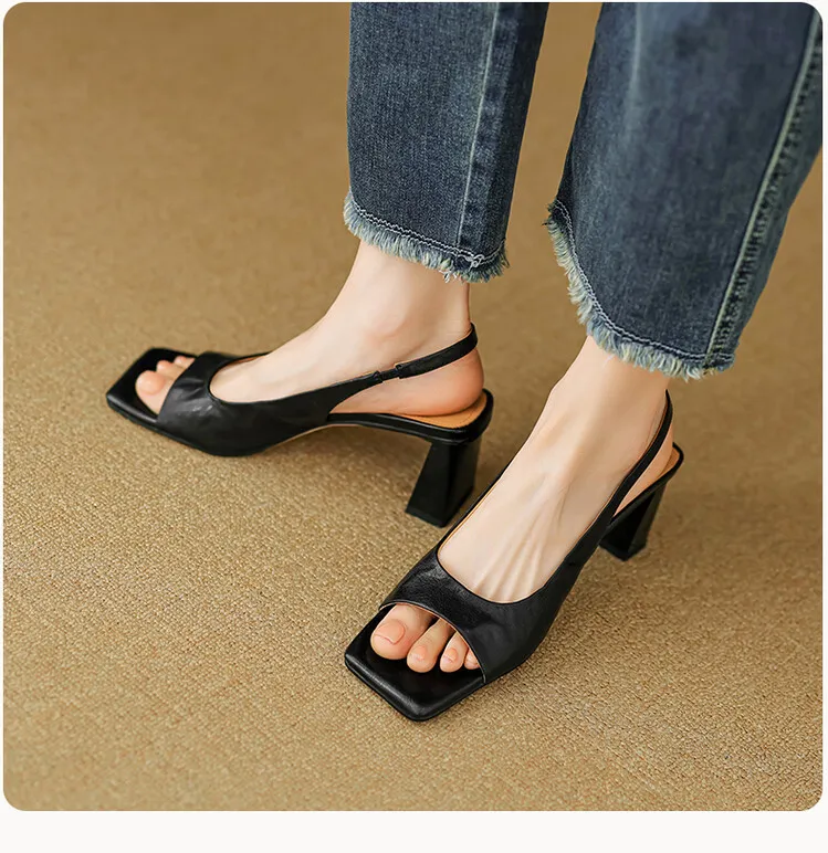 French retro square-toe strappy peep-toe sandals for women, chunky heels, soft leather, open toe, backless high heels for summer.