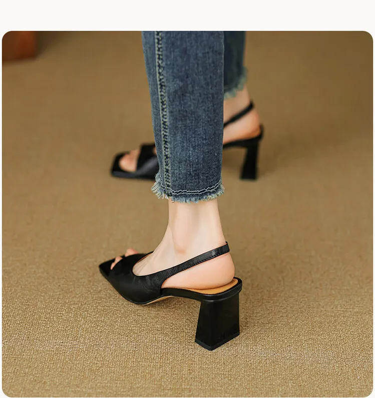 French retro square-toe strappy peep-toe sandals for women, chunky heels, soft leather, open toe, backless high heels for summer.