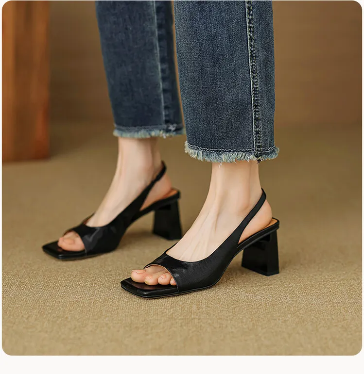 French retro square-toe strappy peep-toe sandals for women, chunky heels, soft leather, open toe, backless high heels for summer.