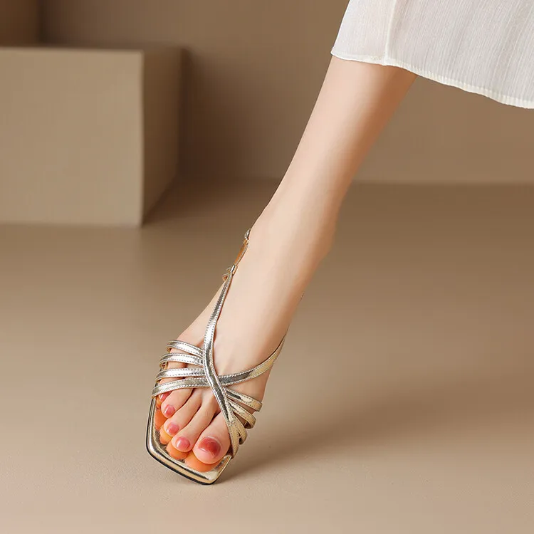 Square-toe open-toe French chunky heel sandals for women, summer style, gold cowhide, single buckle, mid-heel Roman sandals