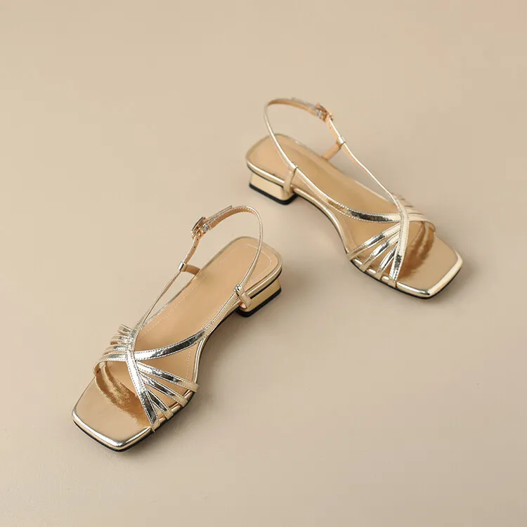 Square-toe open-toe French chunky heel sandals for women, summer style, gold cowhide, single buckle, mid-heel Roman sandals
