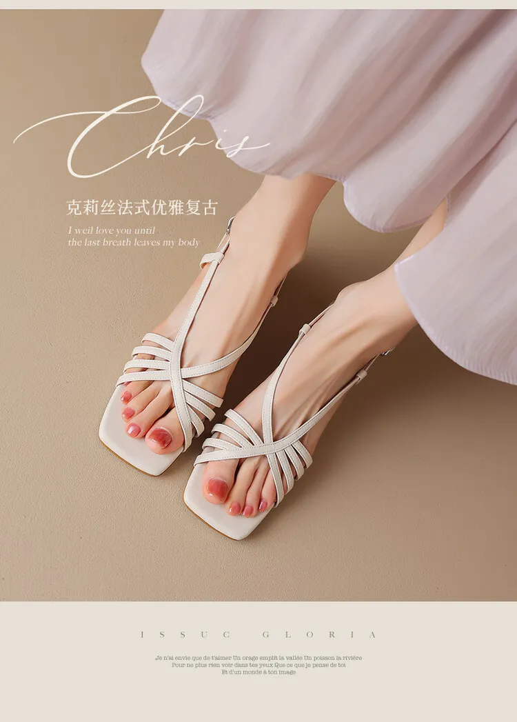 Square-toe open-toe French chunky heel sandals for women, summer style, gold cowhide, single buckle, mid-heel Roman sandals