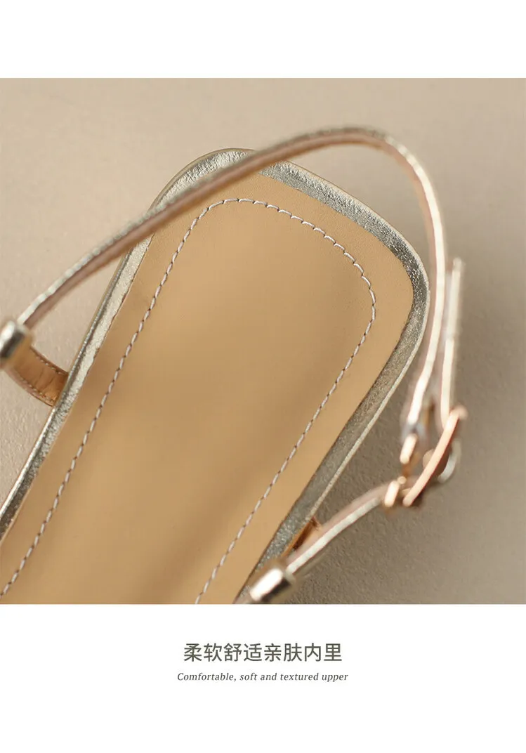 Square-toe open-toe French chunky heel sandals for women, summer style, gold cowhide, single buckle, mid-heel Roman sandals