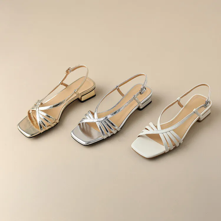 Square-toe open-toe French chunky heel sandals for women, summer style, gold cowhide, single buckle, mid-heel Roman sandals