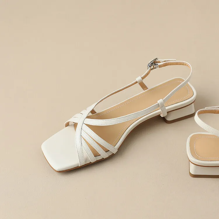 Square-toe open-toe French chunky heel sandals for women, summer style, gold cowhide, single buckle, mid-heel Roman sandals