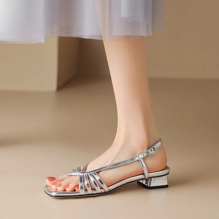 Square-toe open-toe French chunky heel sandals for women, summer style, gold cowhide, single buckle, mid-heel Roman sandals