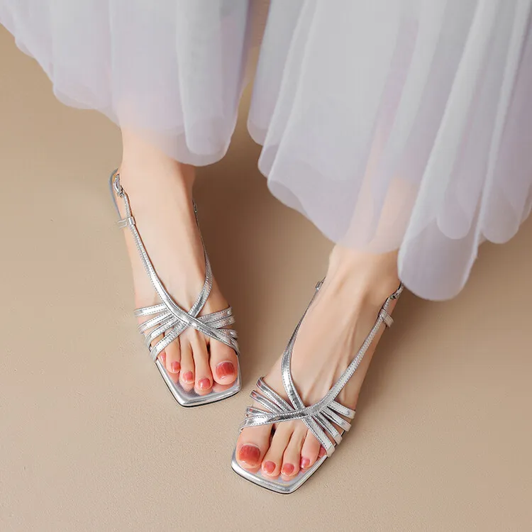 Square-toe open-toe French chunky heel sandals for women, summer style, gold cowhide, single buckle, mid-heel Roman sandals