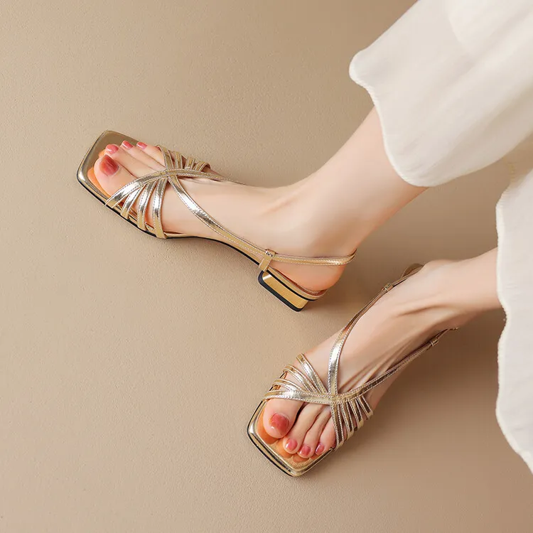 Square-toe open-toe French chunky heel sandals for women, summer style, gold cowhide, single buckle, mid-heel Roman sandals