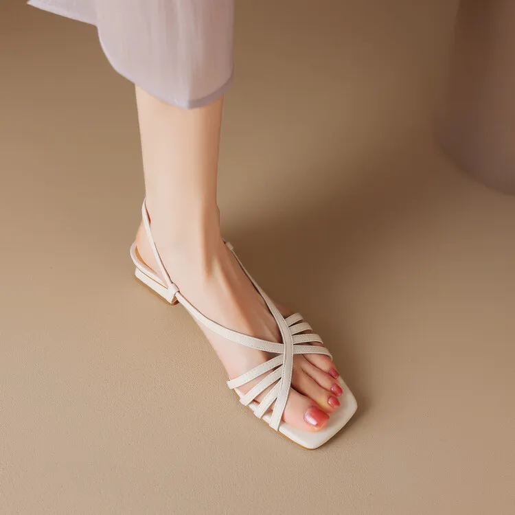 Square-toe open-toe French chunky heel sandals for women, summer style, gold cowhide, single buckle, mid-heel Roman sandals