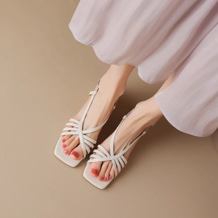 Square-toe open-toe French chunky heel sandals for women, summer style, gold cowhide, single buckle, mid-heel Roman sandals