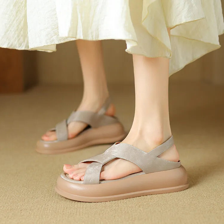 Summer fashionable casual platform sandals, French style, Chinese style silk cowhide open-toe women's shoes