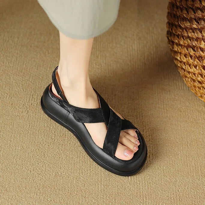 Summer fashionable casual platform sandals, French style, Chinese style silk cowhide open-toe women's shoes