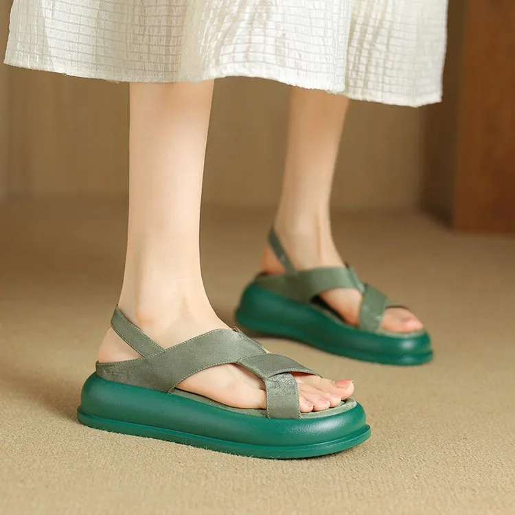 Summer fashionable casual platform sandals, French style, Chinese style silk cowhide open-toe women's shoes