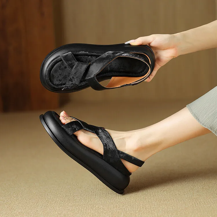 Summer fashionable casual platform sandals, French style, Chinese style silk cowhide open-toe women's shoes
