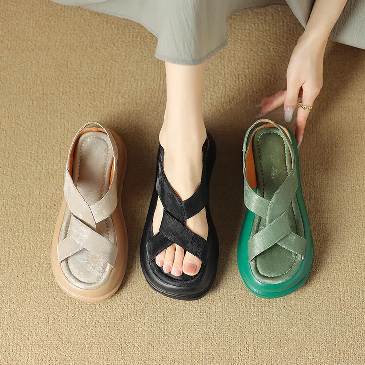 Summer fashionable casual platform sandals, French style, Chinese style silk cowhide open-toe women's shoes