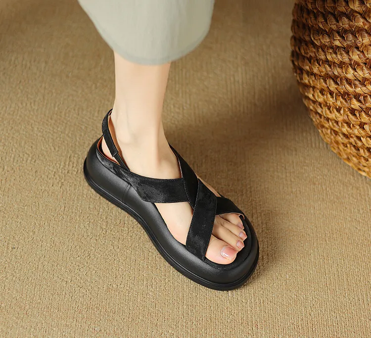 Summer fashionable casual platform sandals, French style, Chinese style silk cowhide open-toe women's shoes