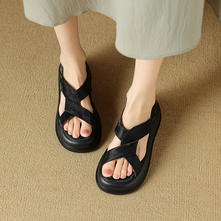 Summer fashionable casual platform sandals, French style, Chinese style silk cowhide open-toe women's shoes