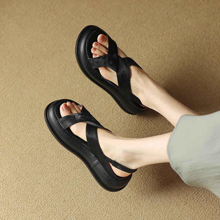 Summer fashionable casual platform sandals, French style, Chinese style silk cowhide open-toe women's shoes