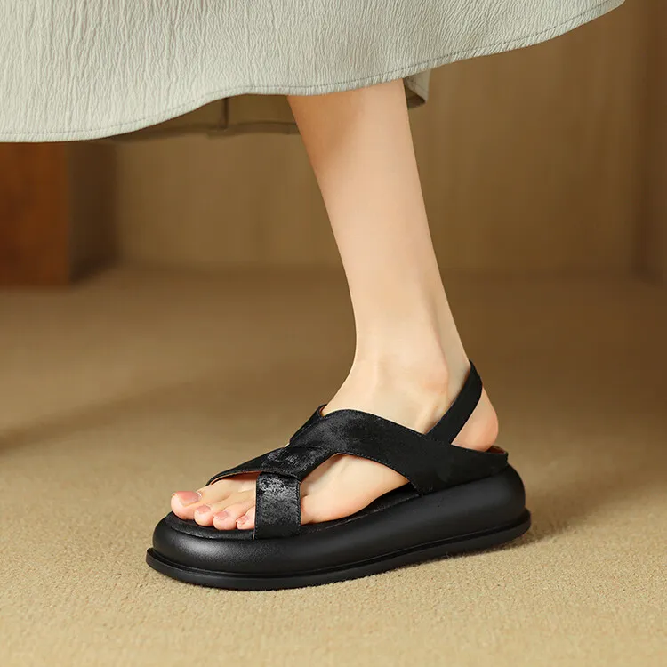 Summer fashionable casual platform sandals, French style, Chinese style silk cowhide open-toe women's shoes