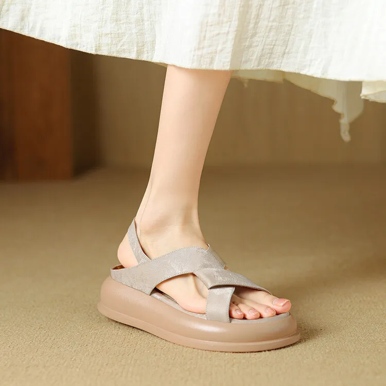 Summer fashionable casual platform sandals, French style, Chinese style silk cowhide open-toe women's shoes