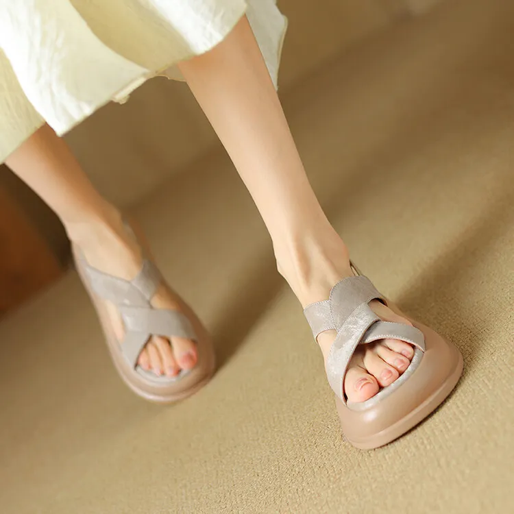 Summer fashionable casual platform sandals, French style, Chinese style silk cowhide open-toe women's shoes