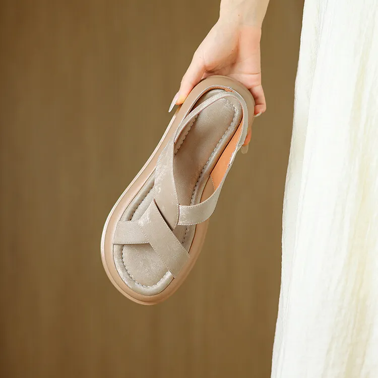 Summer fashionable casual platform sandals, French style, Chinese style silk cowhide open-toe women's shoes