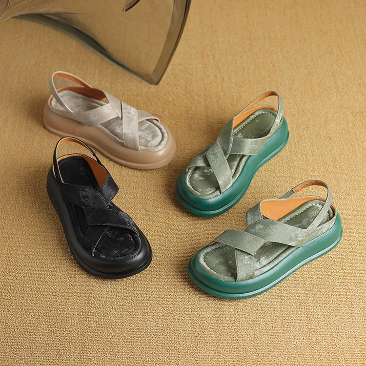 Summer fashionable casual platform sandals, French style, Chinese style silk cowhide open-toe women's shoes