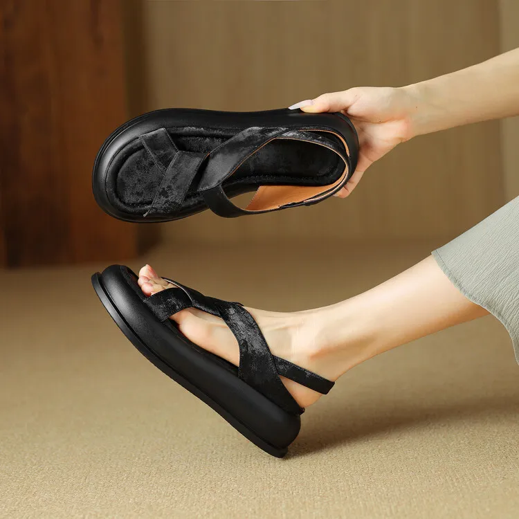 Summer fashionable casual platform sandals, French style, Chinese style silk cowhide open-toe women's shoes