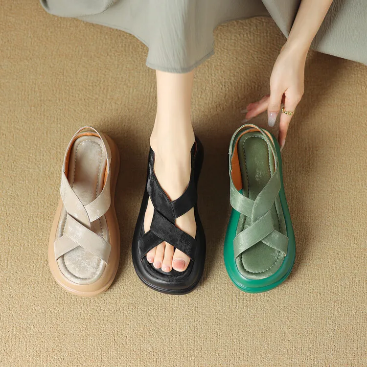 Summer fashionable casual platform sandals, French style, Chinese style silk cowhide open-toe women's shoes
