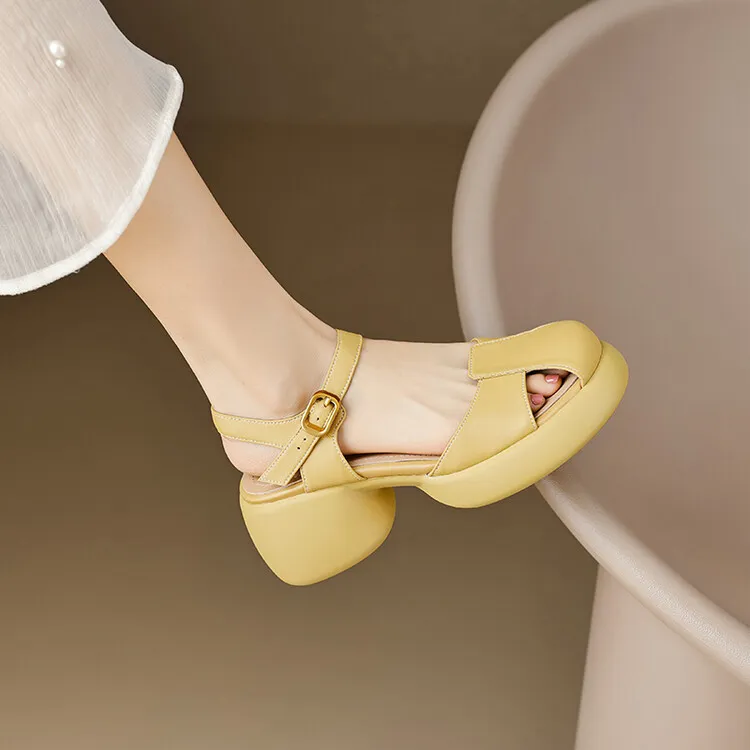 Women's Summer Pig Cage Shoes Thick-Soled Hollow-Out Closed-Toe Sandals Sheepskin Chunky Heel High Heels 4-16q