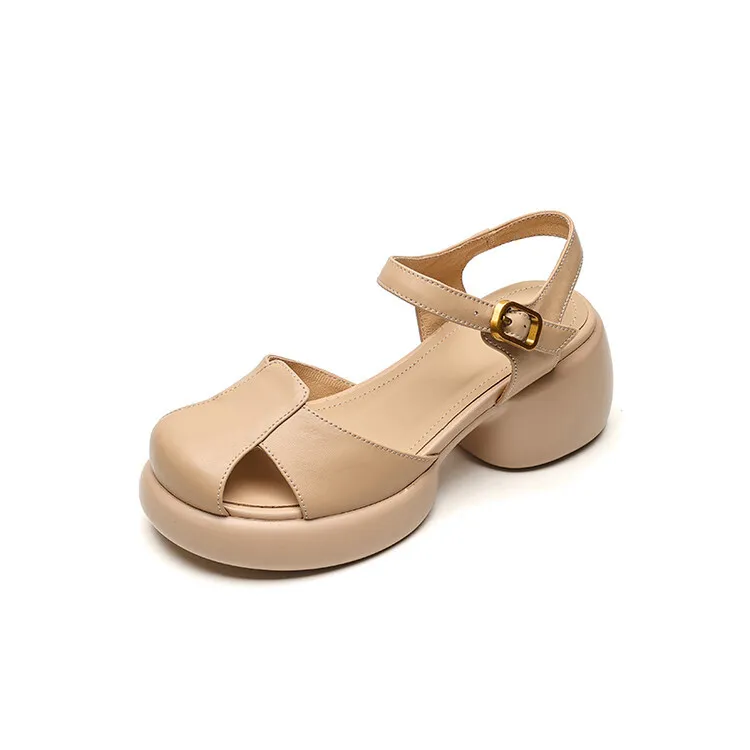 Women's Summer Pig Cage Shoes Thick-Soled Hollow-Out Closed-Toe Sandals Sheepskin Chunky Heel High Heels 4-16q