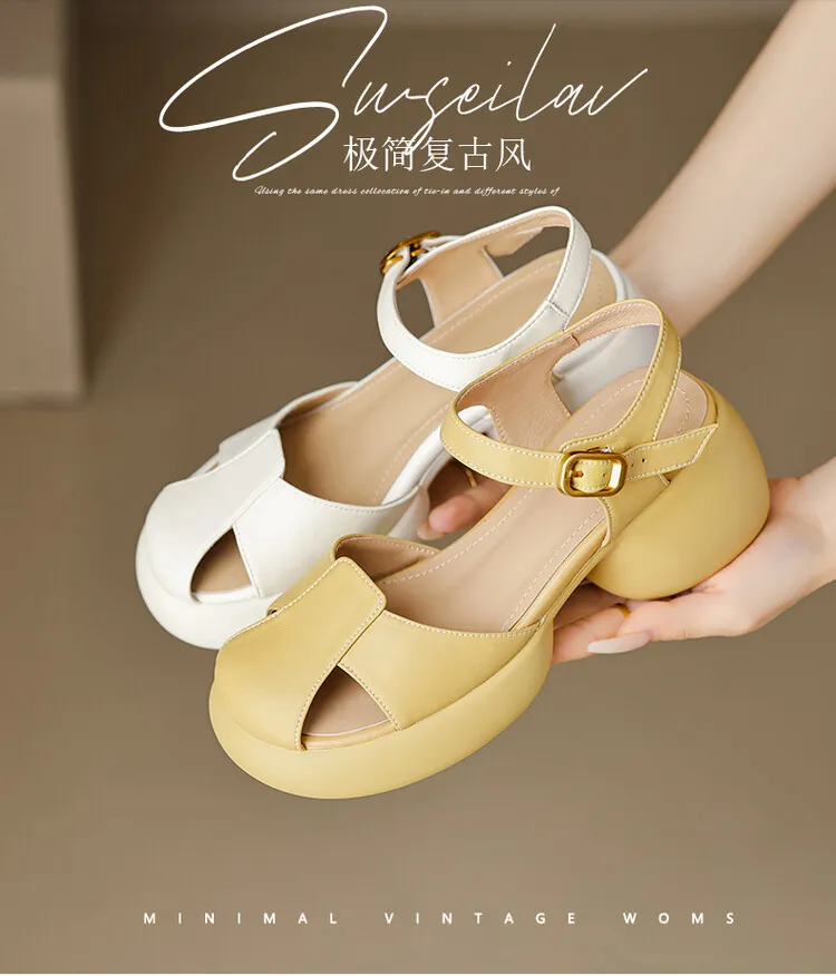 Women's Summer Pig Cage Shoes Thick-Soled Hollow-Out Closed-Toe Sandals Sheepskin Chunky Heel High Heels 4-16q
