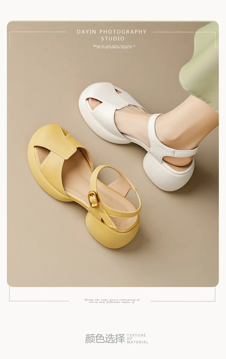 Women's Summer Pig Cage Shoes Thick-Soled Hollow-Out Closed-Toe Sandals Sheepskin Chunky Heel High Heels 4-16q