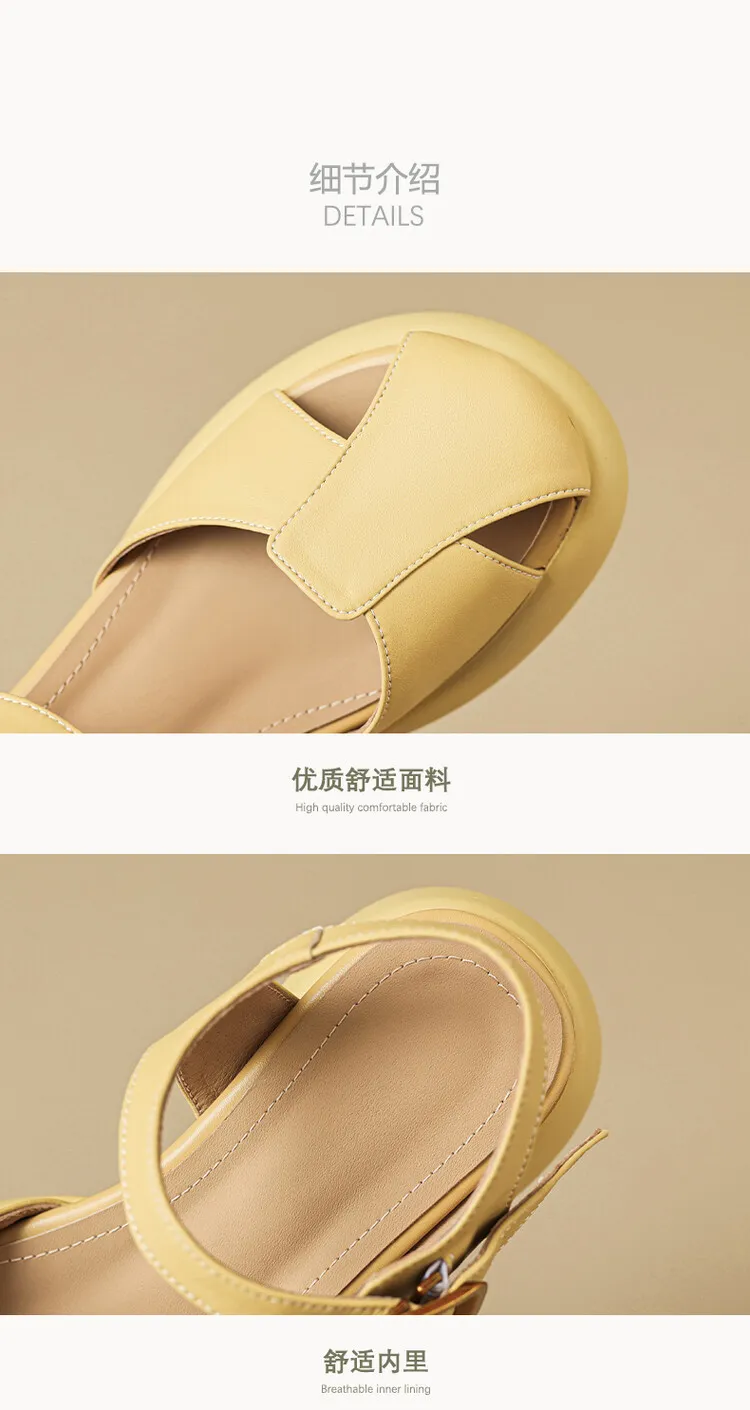 Women's Summer Pig Cage Shoes Thick-Soled Hollow-Out Closed-Toe Sandals Sheepskin Chunky Heel High Heels 4-16q