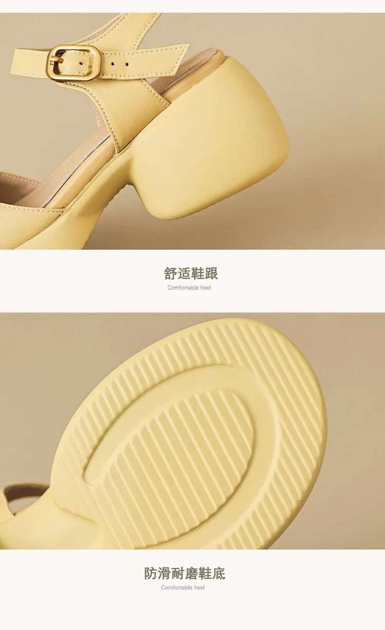 Women's Summer Pig Cage Shoes Thick-Soled Hollow-Out Closed-Toe Sandals Sheepskin Chunky Heel High Heels 4-16q