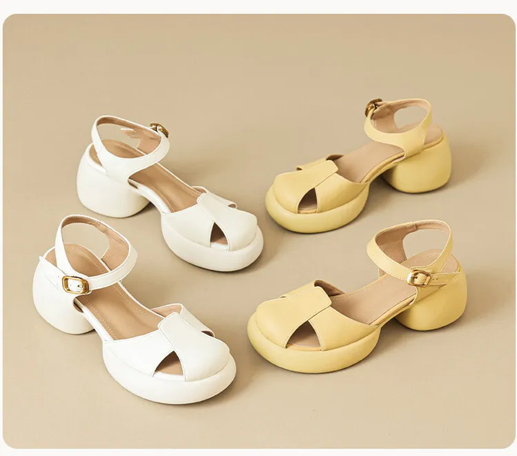 Women's Summer Pig Cage Shoes Thick-Soled Hollow-Out Closed-Toe Sandals Sheepskin Chunky Heel High Heels 4-16q