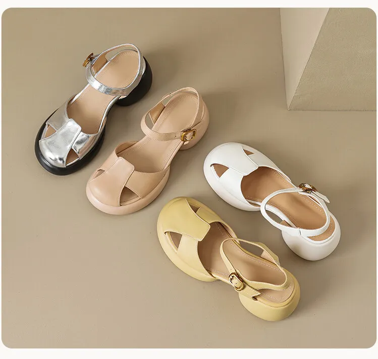 Women's Summer Pig Cage Shoes Thick-Soled Hollow-Out Closed-Toe Sandals Sheepskin Chunky Heel High Heels 4-16q