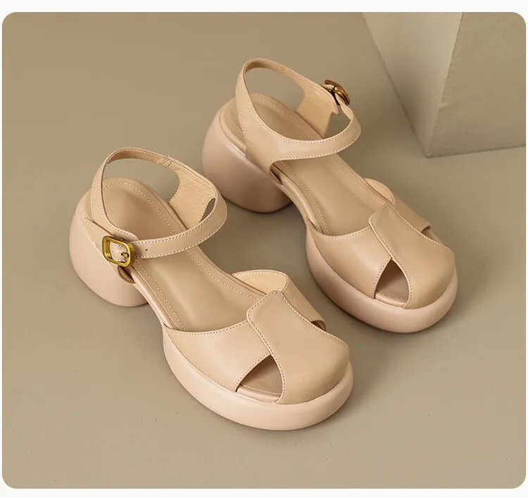 Women's Summer Pig Cage Shoes Thick-Soled Hollow-Out Closed-Toe Sandals Sheepskin Chunky Heel High Heels 4-16q