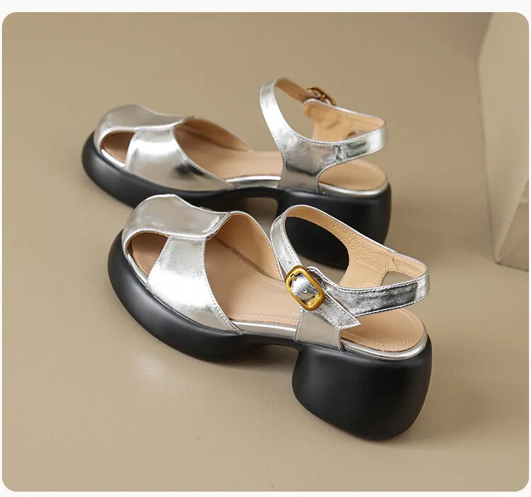 Women's Summer Pig Cage Shoes Thick-Soled Hollow-Out Closed-Toe Sandals Sheepskin Chunky Heel High Heels 4-16q