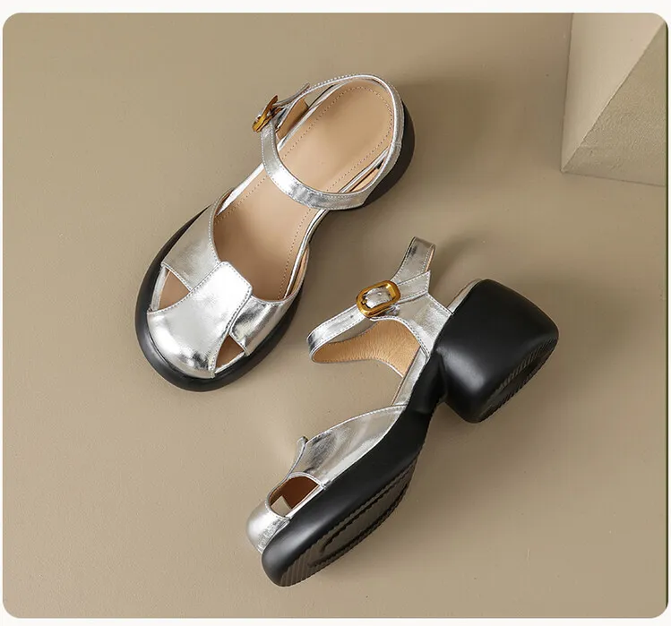 Women's Summer Pig Cage Shoes Thick-Soled Hollow-Out Closed-Toe Sandals Sheepskin Chunky Heel High Heels 4-16q