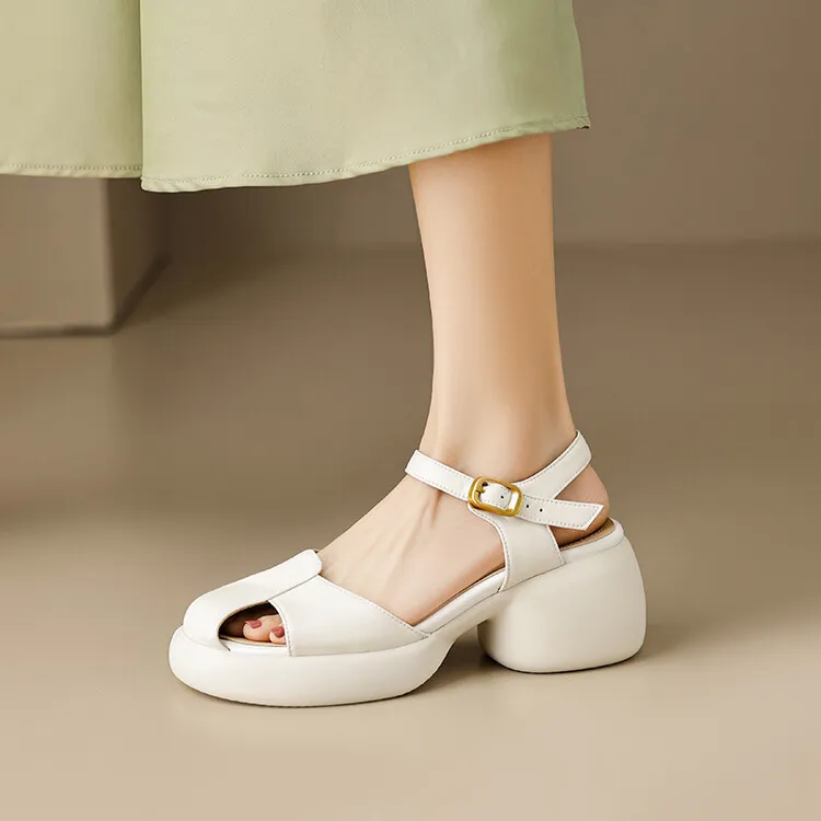 Women's Summer Pig Cage Shoes Thick-Soled Hollow-Out Closed-Toe Sandals Sheepskin Chunky Heel High Heels 4-16q