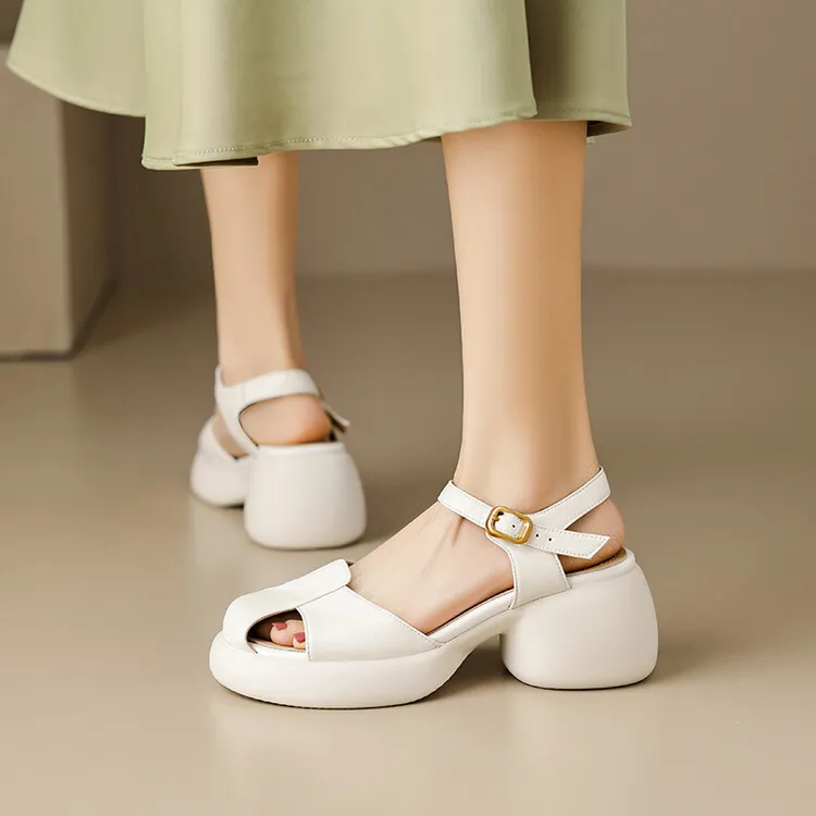 Women's Summer Pig Cage Shoes Thick-Soled Hollow-Out Closed-Toe Sandals Sheepskin Chunky Heel High Heels 4-16q