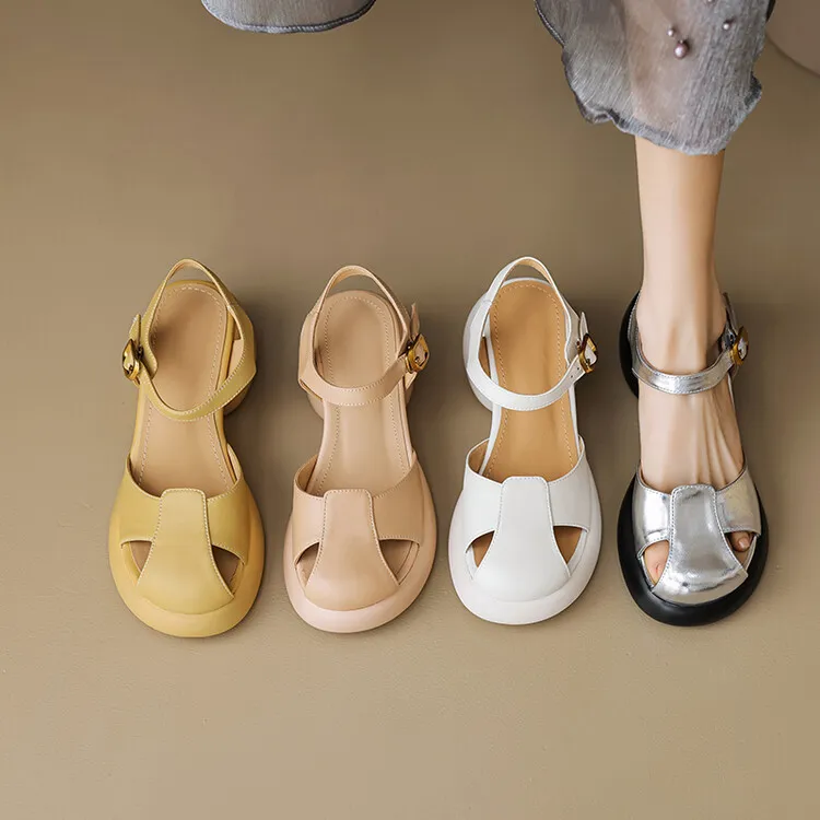 Women's Summer Pig Cage Shoes Thick-Soled Hollow-Out Closed-Toe Sandals Sheepskin Chunky Heel High Heels 4-16q