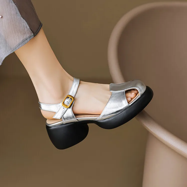 Women's Summer Pig Cage Shoes Thick-Soled Hollow-Out Closed-Toe Sandals Sheepskin Chunky Heel High Heels 4-16q