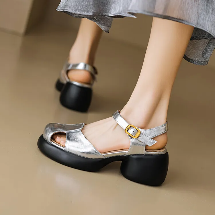 Women's Summer Pig Cage Shoes Thick-Soled Hollow-Out Closed-Toe Sandals Sheepskin Chunky Heel High Heels 4-16q