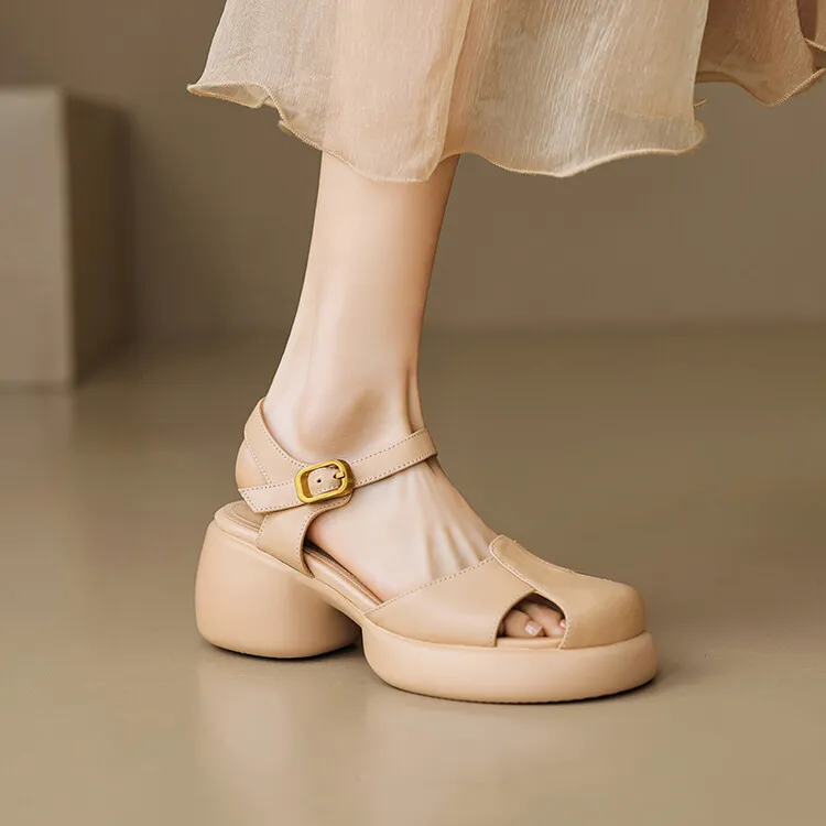 Women's Summer Pig Cage Shoes Thick-Soled Hollow-Out Closed-Toe Sandals Sheepskin Chunky Heel High Heels 4-16q