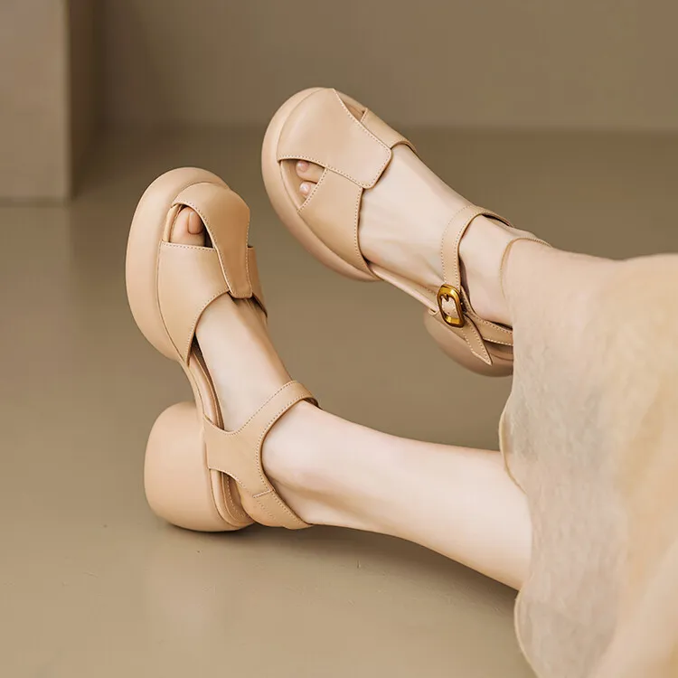 Women's Summer Pig Cage Shoes Thick-Soled Hollow-Out Closed-Toe Sandals Sheepskin Chunky Heel High Heels 4-16q